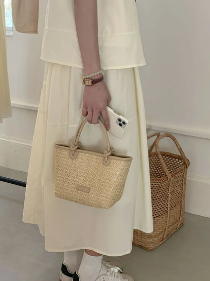 Summer Vacation Women's Beach Straw Shoulder Bag Retro Design Ladies Portable Crossbody Bags Knot Basket Woven Tote Handbags