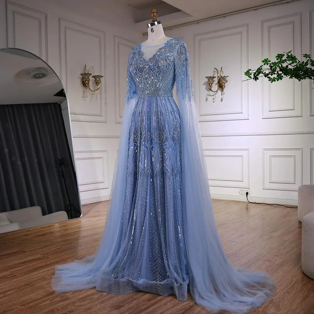 Luxury Elegant Rose Gold Beaded A Line Evening Dress with Cape Sleeves for Formal Party Serene Hill 2026 Customized CLA73056