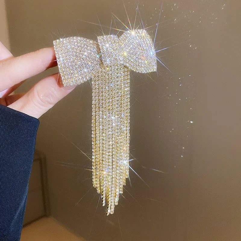 Rhinestone Bow Fringe Hairpin for Women Fashion Temperament Hair Clip Korean Light Luxury Hair Accessories Gold Silver Color