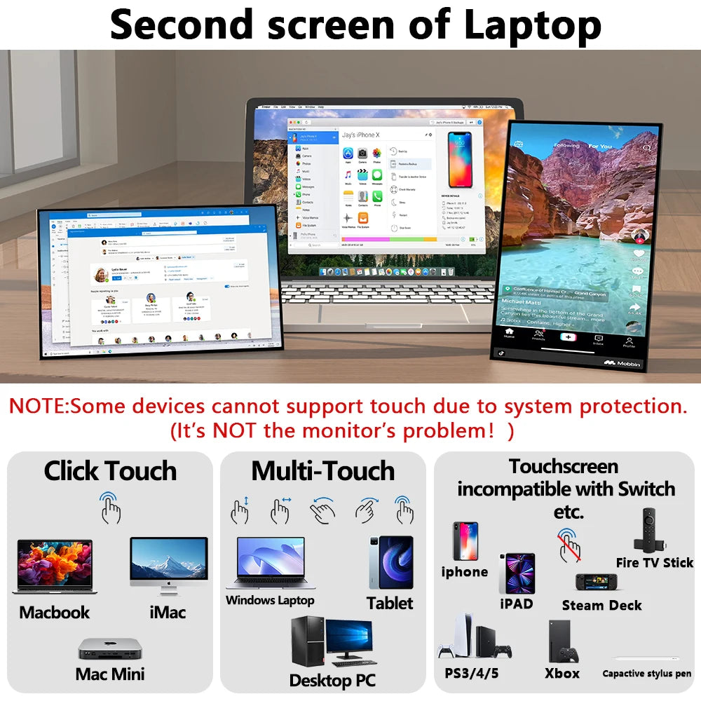14 Inch Touch Portable Monitor Carbon Fiber 1920×1200 16:10 60Hz IPS Screen Built-in Kickstand External Display For Laptop Phone