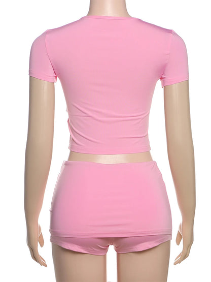 Weird Puss Casual Sporty 2 Piece Set Women Tracksuit Letter Print Short Sleeve Crop Tops+Ruched Shorts Daily Fashion Streetwear