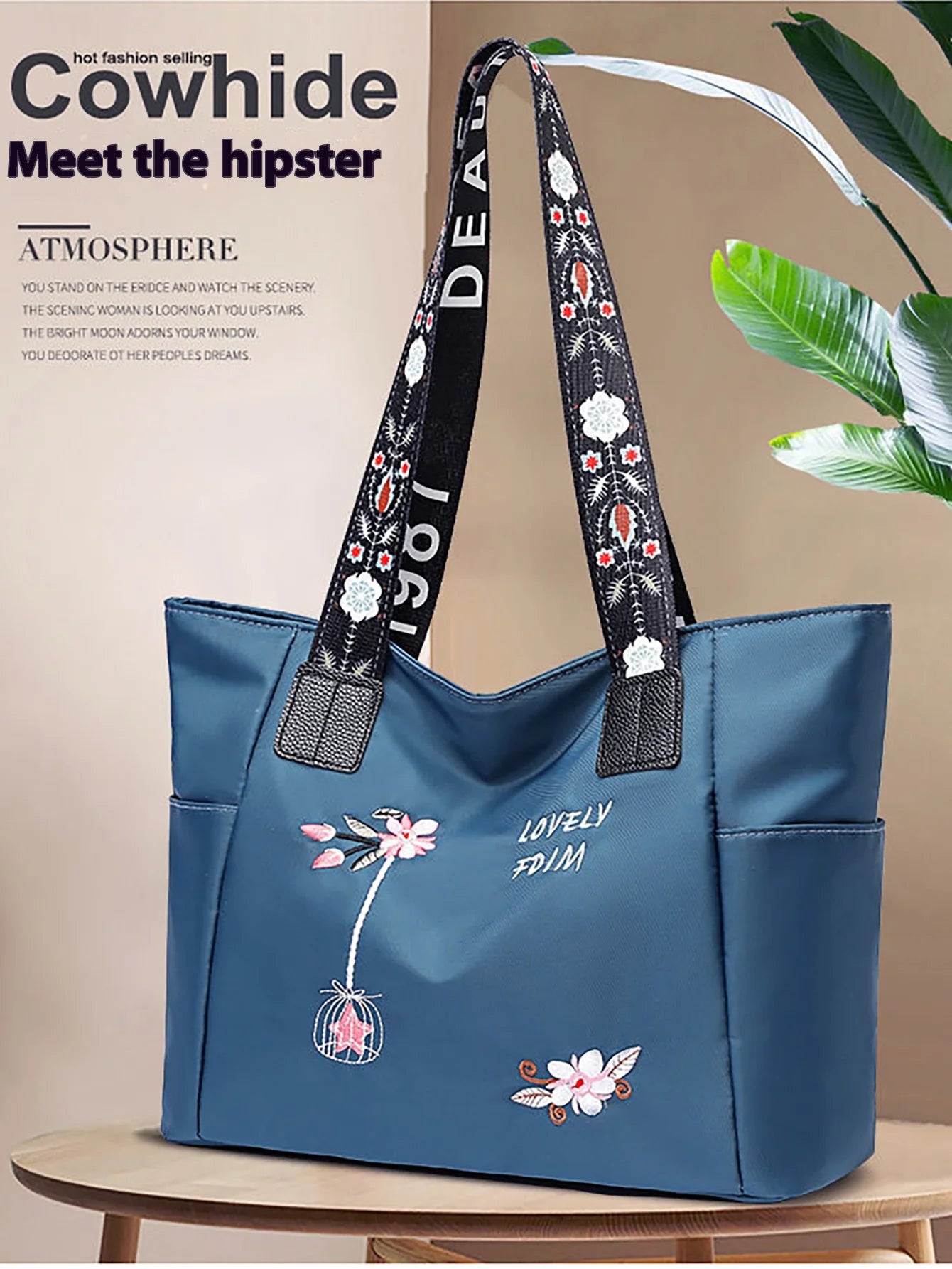 Flower embroidery fashionable oxford cloth handbag large capacity shoulder bag waterproof handbag large canvas bag