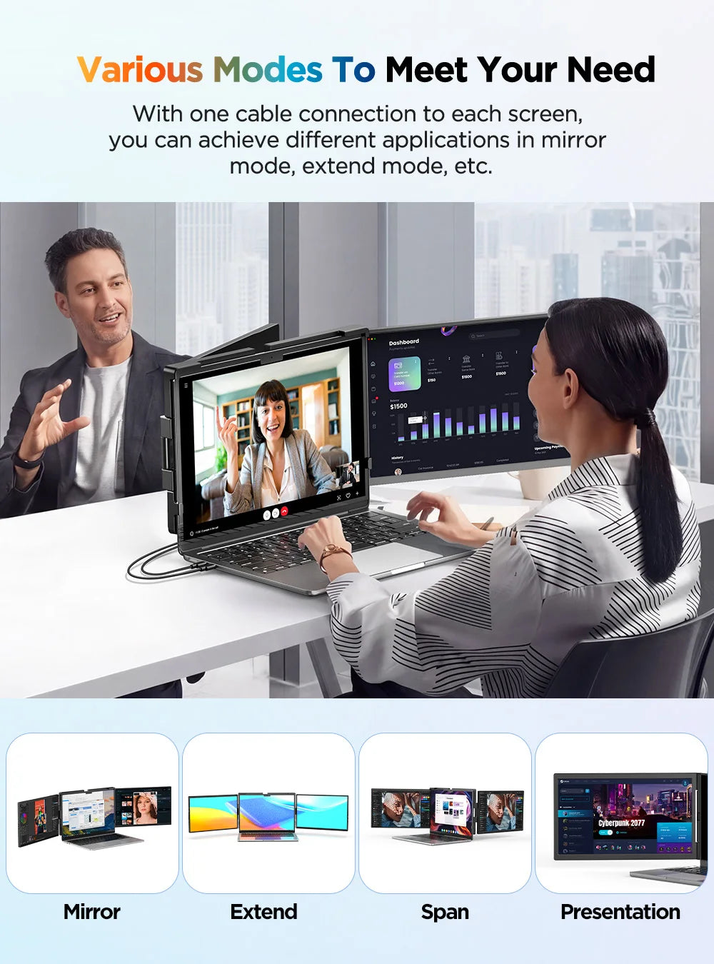 UPERFECT 14" 2K Triple Portable Monitor with 360° Rotation Stand 2240x1400 QHD IPS Laptop Screen Extender for Windows Chrome Mac
