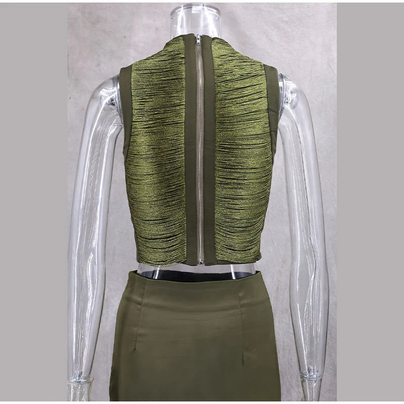 Elegant Tassel Crop Tops Satin Mermaid Skirt Sets Women Sleeveless Slim O-neck Vest Hip Package Skirts 2026 Summer Party Outfit