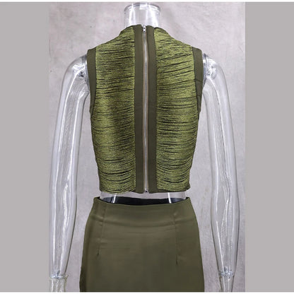 Elegant Tassel Crop Tops Satin Mermaid Skirt Sets Women Sleeveless Slim O-neck Vest Hip Package Skirts 2026 Summer Party Outfit