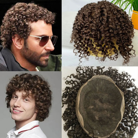 Small Curly Toupee For Men Full Lace Hairpiece European Human Hair Replacement System For Men's Toupee 10x8inch Black Hair Wig