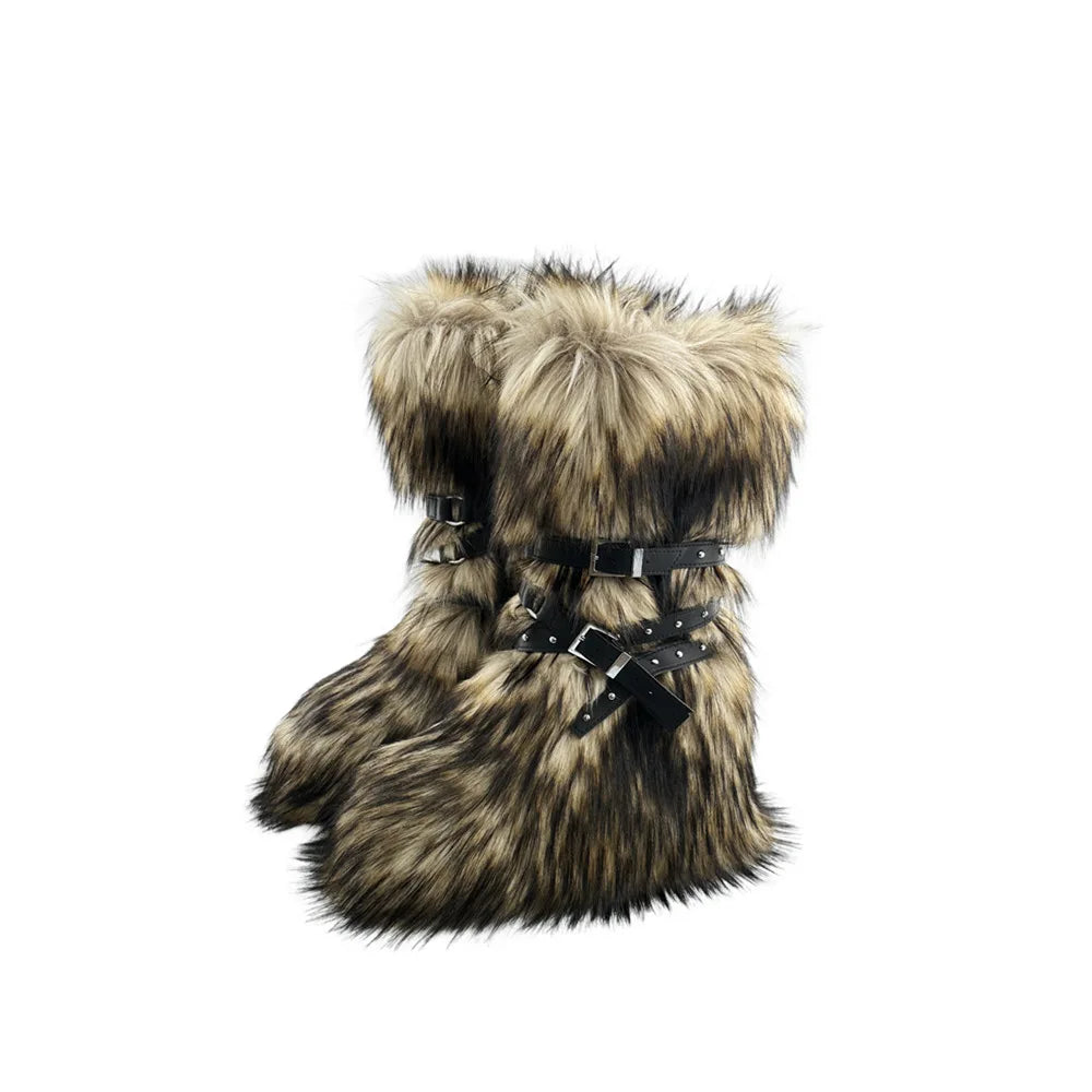 Faux Fur Knee-High Boot Round Toe Height Increasing Wild Winter Warmer Belt Buckle Slip-On Fashion Luxury Sexy Women Shoe Newest