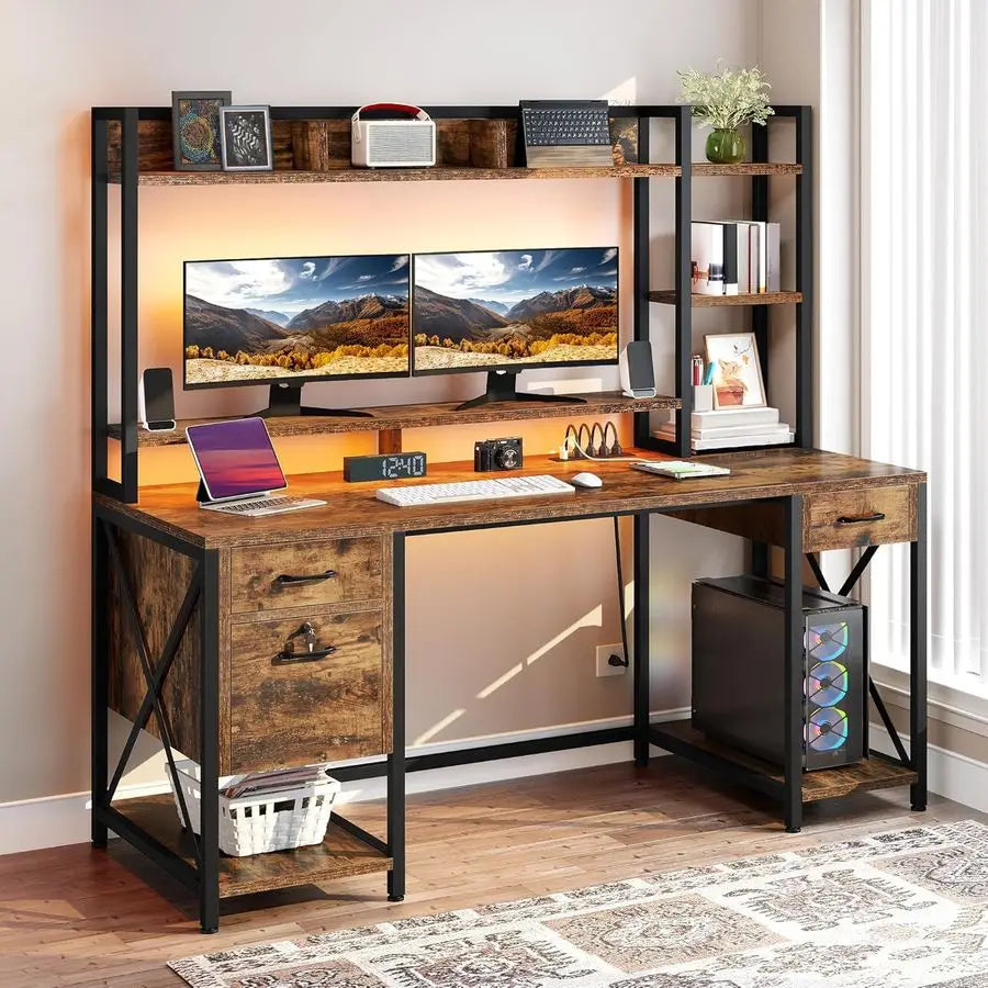 Computer Desk with Drawers amp Hutch, 59.1 Office Desk with Power Outlets amp LED Lights, Home Office Desk with Storage Shelves