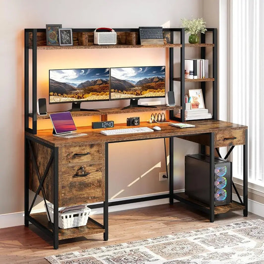 Computer Desk with Drawers amp Hutch, 59.1 Office Desk with Power Outlets amp LED Lights, Home Office Desk with Storage Shelves