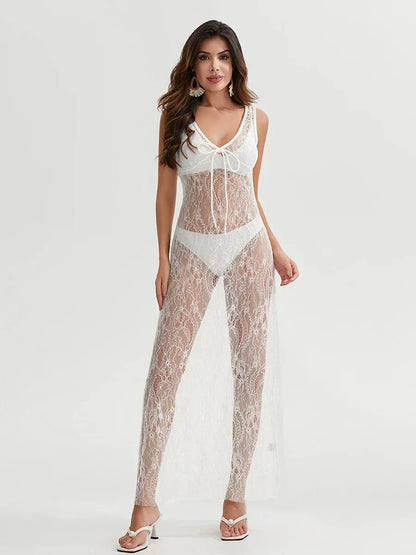 y2k Clothing Women's Sexy See-Through Lace Floral Sheer Tank Dress Summer  Sleeveless V Neck Cover-up Long Dress Streetwear