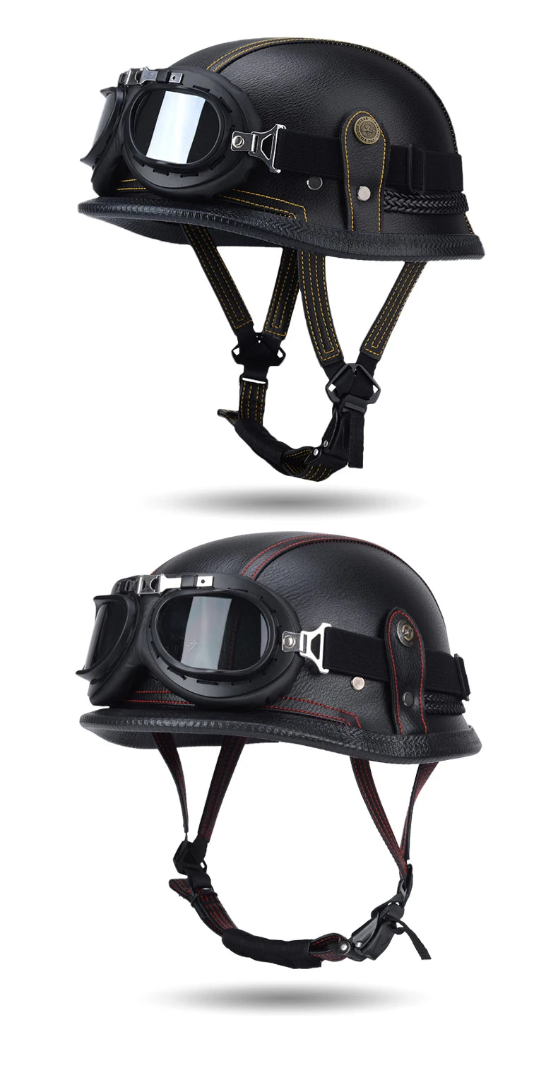 Factory Price Motorcycle German Style Leather Half Face Helmet DOT Approved Cap1/2 Shell Helmets+Goggles Open-Face Casque