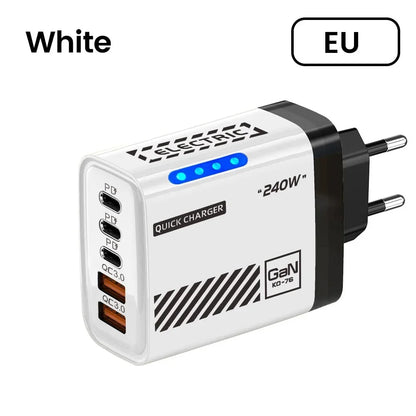 240W GaN Fast Charger 5 Ports 3USB C 2USB QC3.0 Quick Charge Plug Travel Wall Charger for iPhone Samsung Xiaomi Tablet EU/US/UK