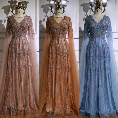 Luxury Elegant Rose Gold Beaded A Line Evening Dress with Cape Sleeves for Formal Party Serene Hill 2026 Customized CLA73056