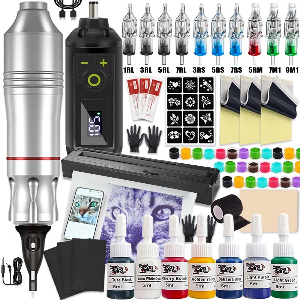 Tattoo Machine Kit Professional Tattoo Kit with Tattoo Transfer Machine Printer or Not Wireless Tattoo Power Supply Beginner Set