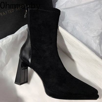 Square High Heel Women Ankle Boots Fashion Zippers Shoes Retro Style Autumn Winter Pointed Toe Ladies Dancing Party Prom Shoes