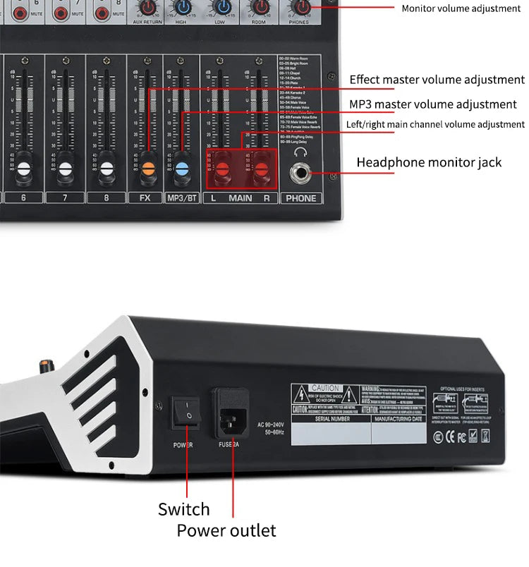 8/12 Channel Digital Mixer Audio Console 100 DSP Effects Bluetooth USB MP3 DJ Reverberation Sound Mixing Console