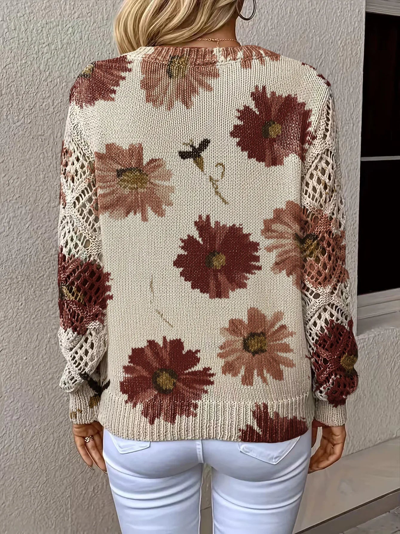 V-neck Fashionable Floral Print Cutout Sleeves Bohemian Pullover Sweater Ropa De Invierno Para Mujer Abbigliamento Donna Autunno