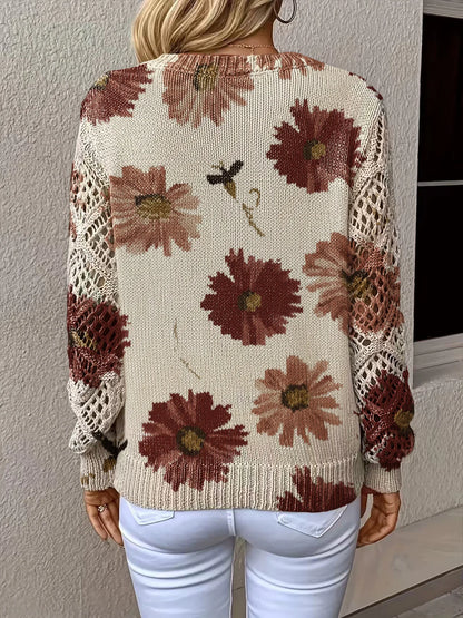 V-neck Fashionable Floral Print Cutout Sleeves Bohemian Pullover Sweater Ropa De Invierno Para Mujer Abbigliamento Donna Autunno