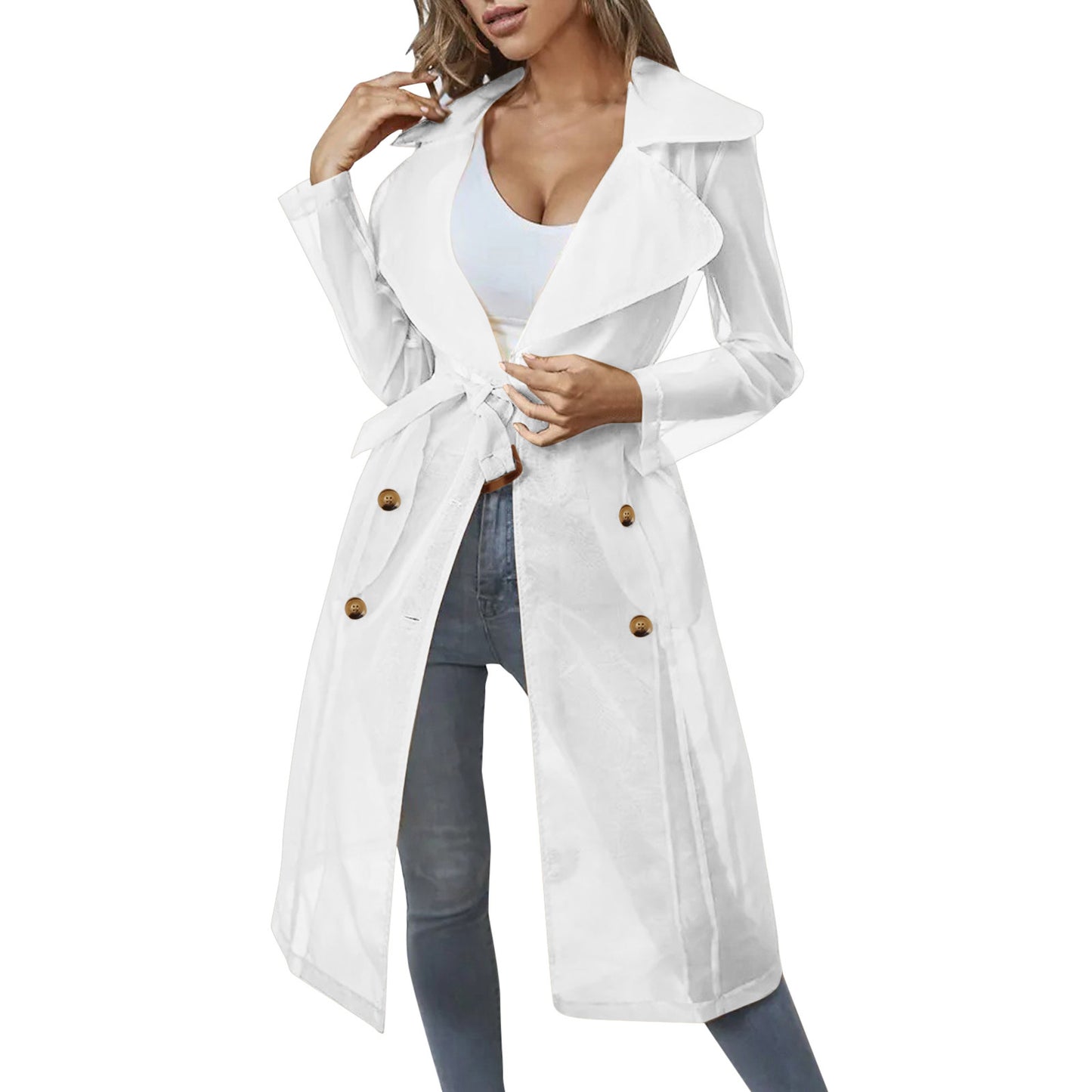 Women Organza See Though Sunscreen Long Sleeve Trench Summer Autumn Fashion Double Breasted Long Coat With Belted Tops Outwear