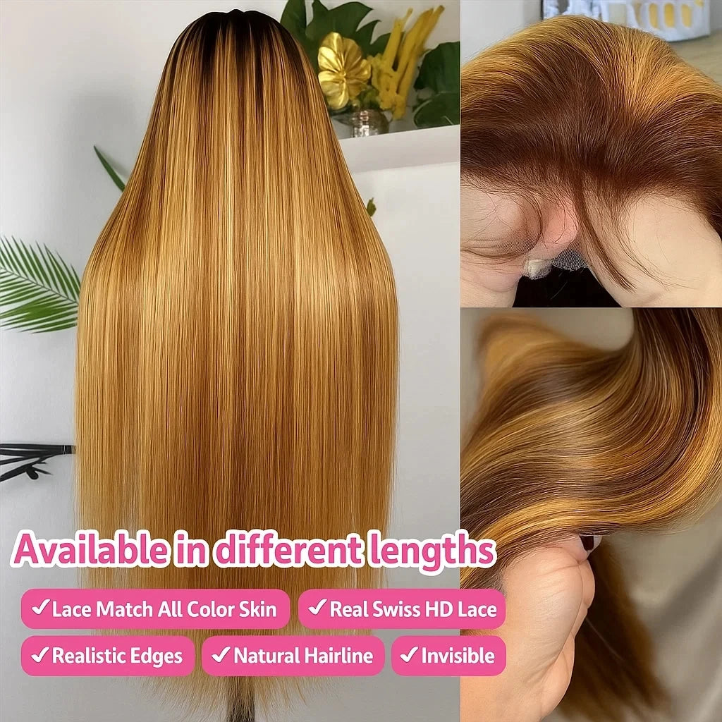 4/27 straight 13x4 Lace Frontal Highlight Wig Human Hair Brazilian 200 Density 30 Inch Ombre Blonde Colored Human Hair Wigs
