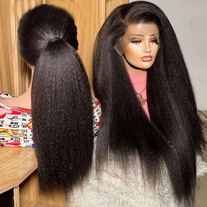 Natural Black Yaki 26Inch Kinky Straight Soft Long Lace Front Wig For Black Women Synthetic Preplucked Glueless Baby Hair Daily
