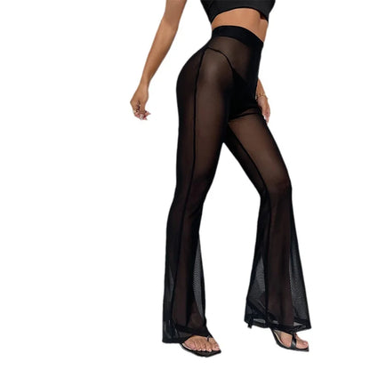 Europe And The United States New Hot-selling Mesh See-through Flared Pants Summer Fashion Sexy High-waisted Breathable Pants