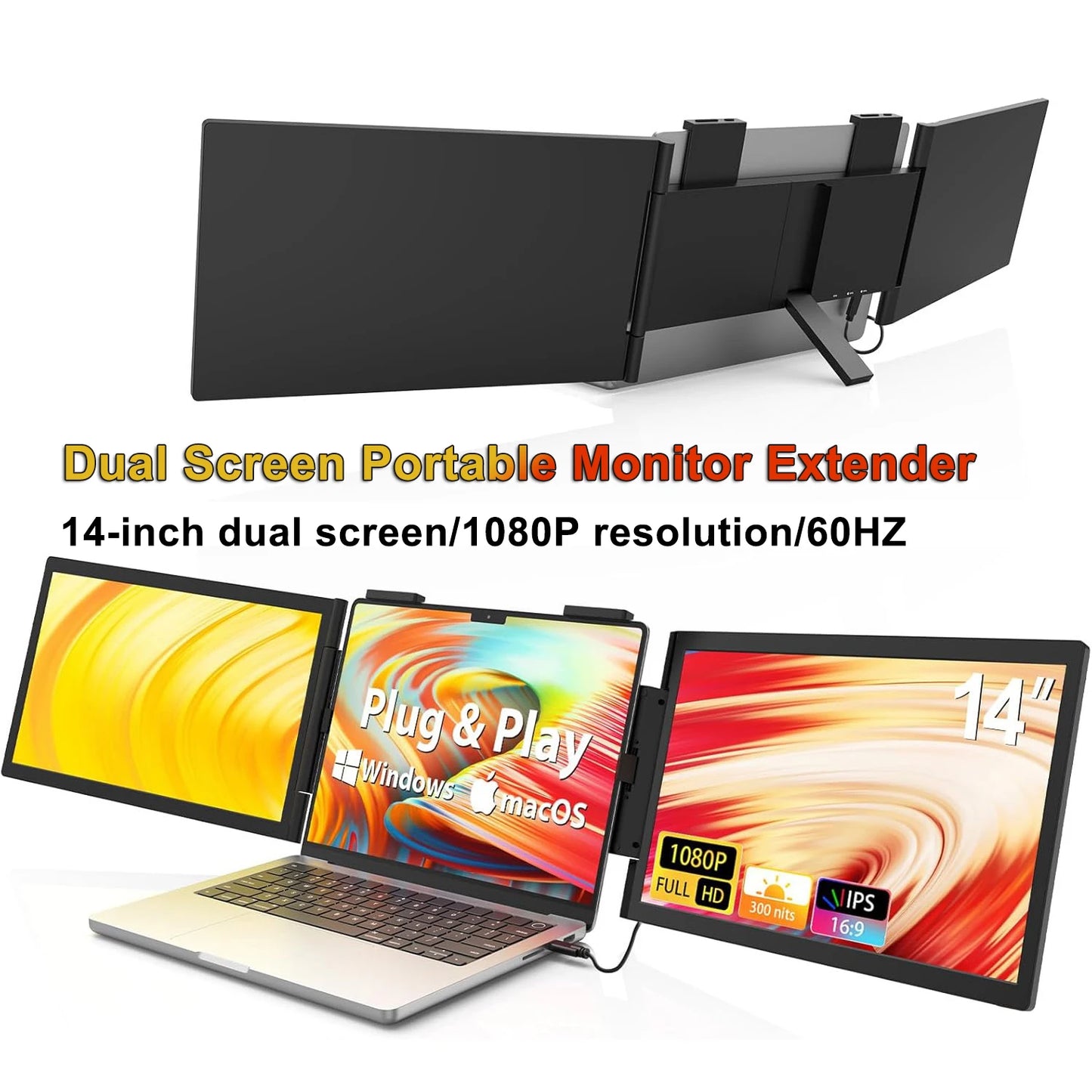 14" Triple Portable Monitor 1080P IPS Dual Display with Rotation Kickstand Laptop Screen Extender for Mac Wins Switch Decks