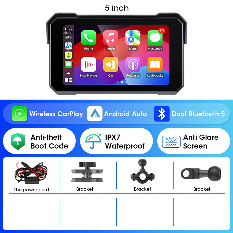 5/8.1 inch Motorcycle Carplay GPS Navigation Wireless Carplay Android Auto IPX7 Waterproof Support 4K+1080P Dual Lens DVR