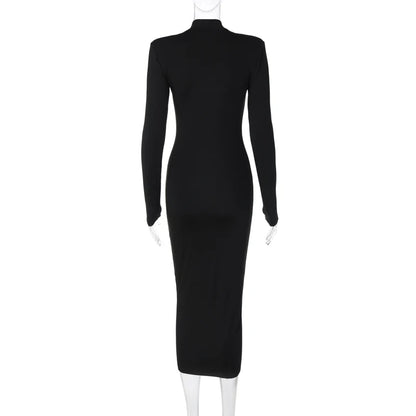 Hugcitar Women Fashion Turtleneck Long Sleeves Black Sexy Bodycon Maxi Prom Dress Fall Casual Clothes Streetwear Party Festival
