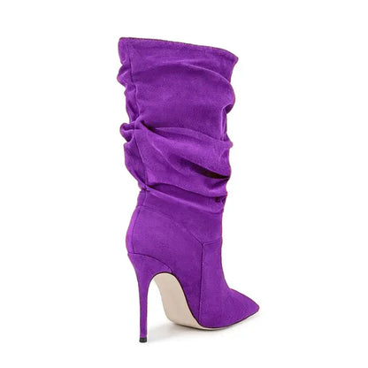 2025Women's Autumn and Winter New Pleated High-heeled Short Boots with Pointed Sleeves, Women's 35-47 Large Mid Length Boots