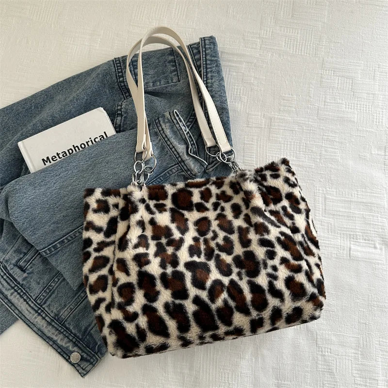 New Leopard Print Fur Bags Women Fashion Portable Faux Fur Handbags Winter Soft Warm Bag Girls Fluffy Large Capacity Tote Purse