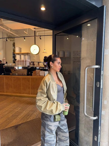 Women Khaki Cropped Bomber Jacket Chic Lapel Zipper Pocket Long Sleeve Short Coat Casual 2026 New Lady Street Daily Crop Outwear