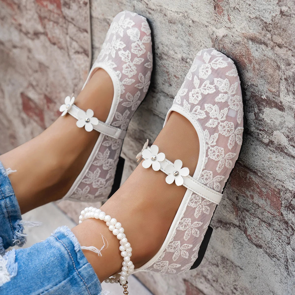 Plus Size 43 Women Fashion Ballet Flats Breathable Laces Square Toe Spring Summer Flat Shoes For Female Daily Walking Loafers