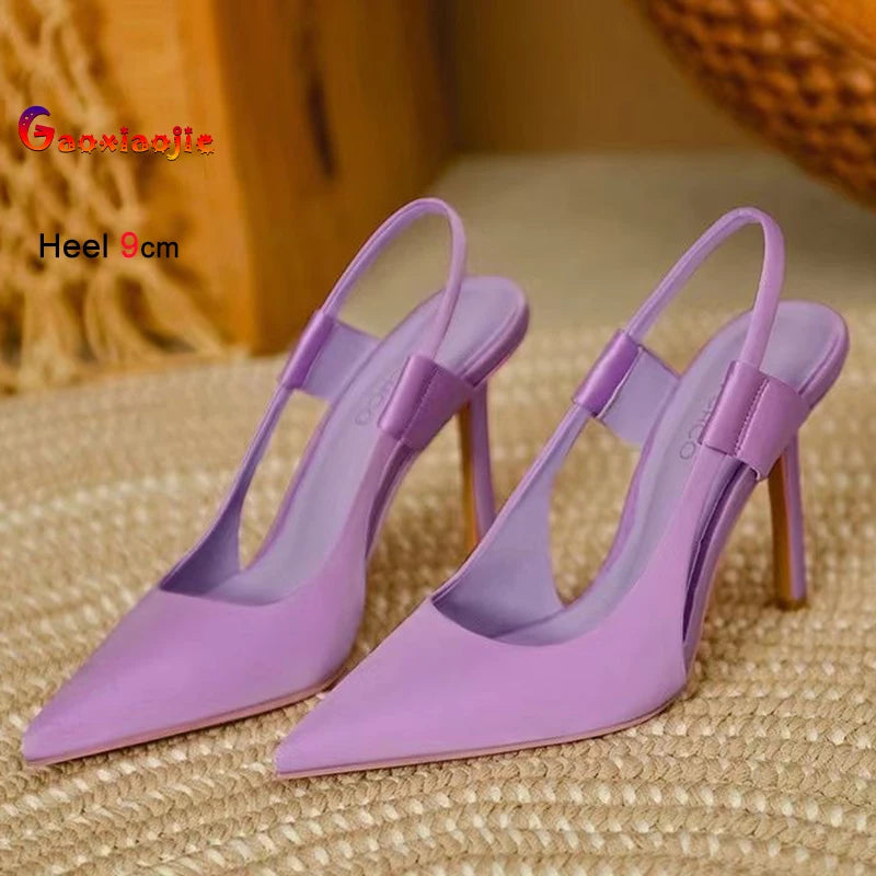 2025 New Fairy Pink Womens High Heel Sandals Pointed Toe Shallow Mouth Soft Leather Heels Ladies Fashion Banquet Versatile Shoes