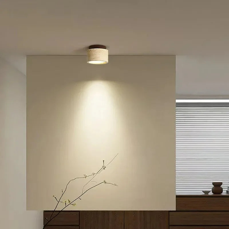 Yellow Travertine LED Ceiling Lamp Japanese Wooden Downlight round Wood Light for Living Room Corridor Porch Balcony