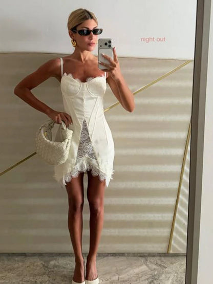 Women White Lace Trim Corset Mini Dress Sexy Sweetheart Neck Spaghetti Strap Slit Hem 2026 Summer Leisure Nightclub Party Wear