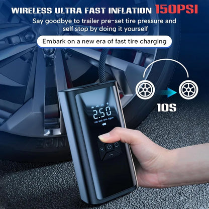 Portable 150 PSI Cordless Air Compressor Tire Inflator USB Charging LED Light Power Bank for Cars Motorcycles Bicycles Balls