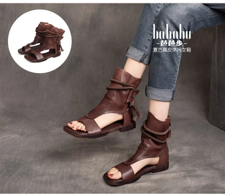 Birkuir High Top Open Toe Sandals For Women Summer Boots Luxury Hollow Out Beach Sandals Genuine Leather Flats Shoes Ladies