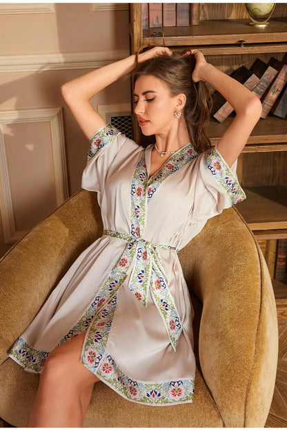 Navy Blue Print Flower Robe Nightgown Silk Satin Female Sleepwear Nightdress Spring Summer Loose Kimono Bathrobe Gown Home Wear