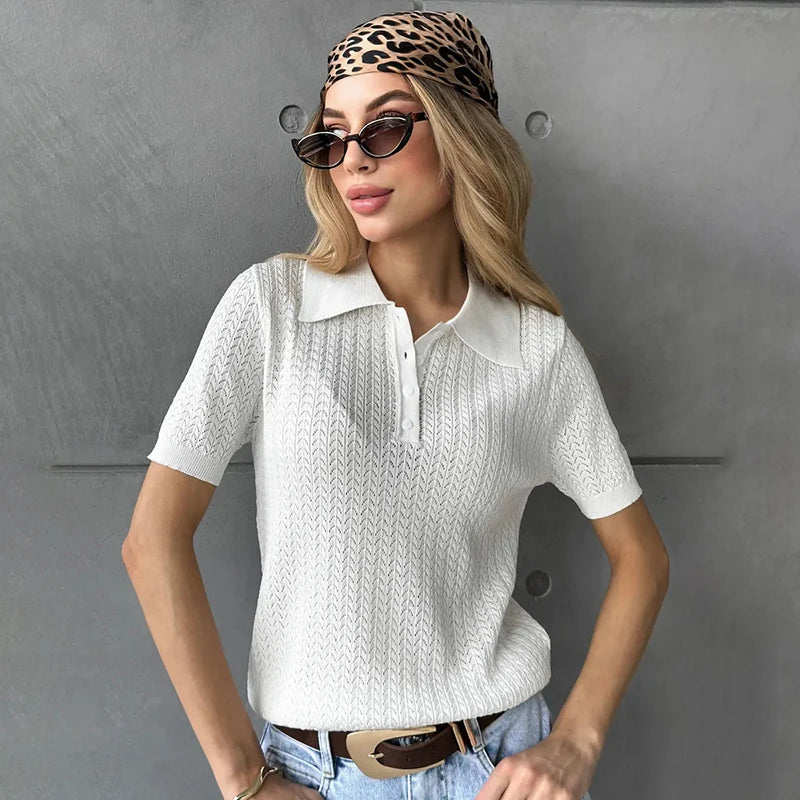 Typhaland Hollow Knitted T shirt Woman 2026 Summer New Short Sleeve Casual Loose Lapel Ins Hot Tops Lady Sweater T shirt Solid