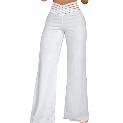 Women Wide Leg Flared Pants New Y2k Casual Crisscross Sheer Mesh Patch High Waist Trousers Elegant Streetwear Work Pants