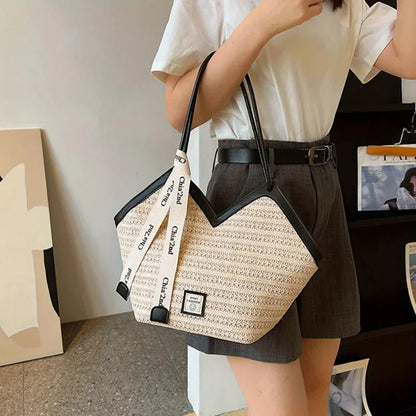 Chic Straw Woven Beach Tote Bag for Women Lightweight Woven Handbag Shoulder Bag Perfect for Summer Vacations, Pool Days, Travel