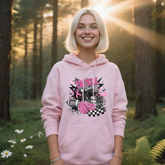 Football Tackle Cancer Sportswear Breast Cancer Awareness Tops Pink Out Cancer Preppy Game Day Clothing Pink Ribbon Women Hoodie