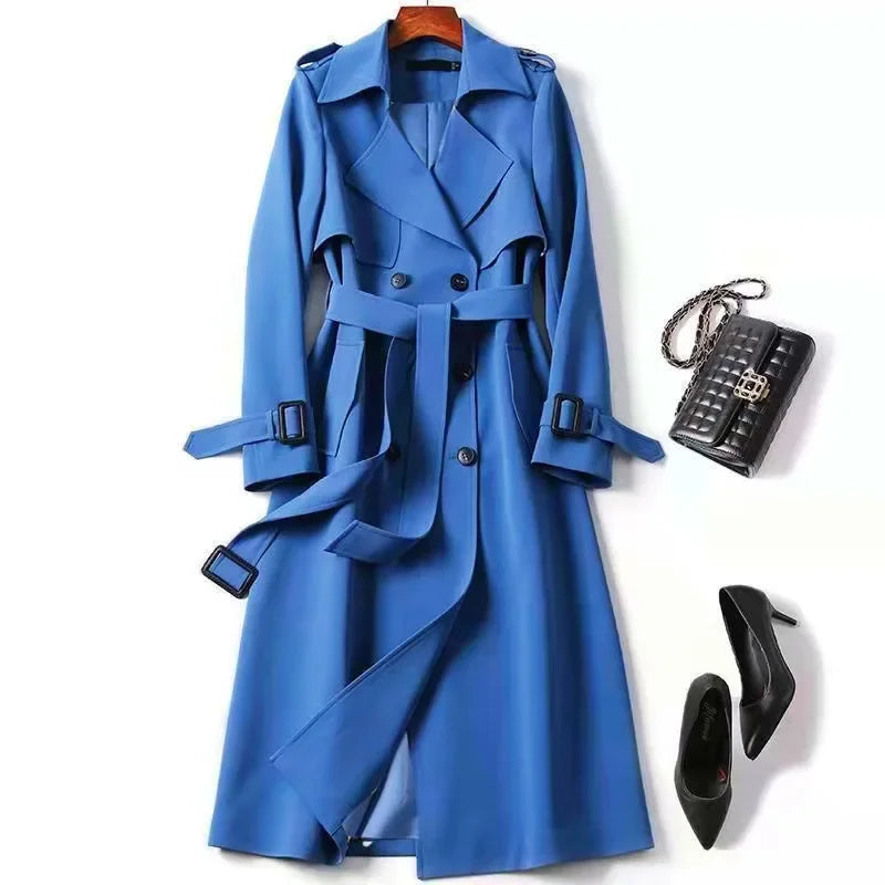 Long Trench Coat Women Lace Up Button Coats Full Sleeve Turn Down Collar Splice Jackets Solid Pockets Office Lady Streetwear
