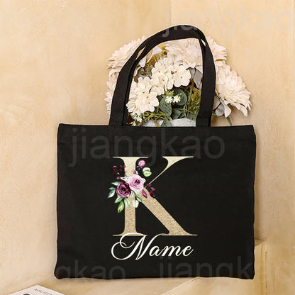 Personalized Initial with Name Tote Bag Women Canvas Shoulder Bags Monogram Shopping Bag Handbags Birthday Wedding Gifts for Her
