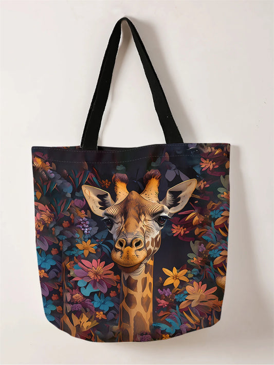 1pc,flower giraffe handbag, reusable fashionable handbag, multifunctional handbag, printed canvas shopping bag