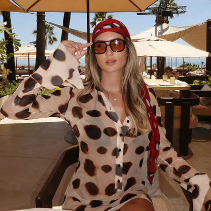 2026 Women Chic Vacation Outfits Fashion Leopard Print Sheer Chiffon Shirt Casual Turn-down Collar Mini Dress & Detachable Scarf