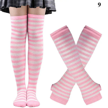 2Pair/Set Women Gothic Punk Over Knee Long Stripe Socks Girl Arm Sleeve Gloves Thigh High Cotton Socks Sweet Cute Christmas Gift