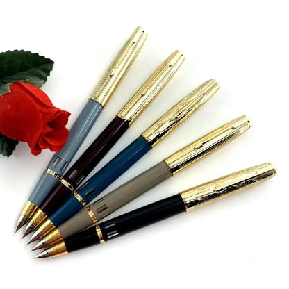 WingSung 601A Double Blue Stone Fountain Pen Gold Carving Cap Vacuum Piston F 0.5mm Iridium Wrapped Nib Writing Ink Pens Gift
