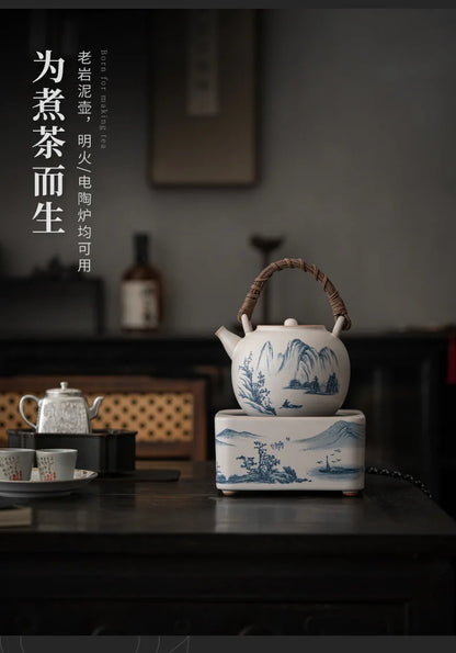 Retro Soda Glaze Ceramic Teapot Hand-painted Landscape Lifting Beam Pot Boiling Water Side Handle Kettle For Electric Stove